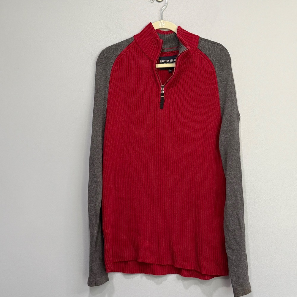 Nautica Jeans Co Mens Large Red Grey Quarter Zip Sweater Colorblock Gorpcore L